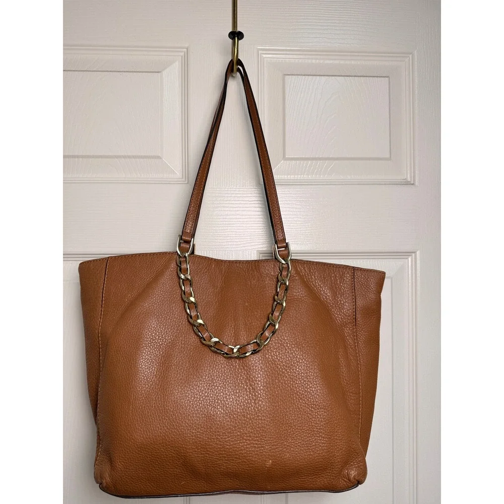 Michael Kors Acorn Pebbled Leather Chain Tote Bag Gold Hardware Tan Large